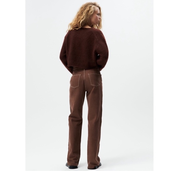 Zara High Rise Wide Leg Brown Denim Jeans With Wavy Stitching - 4 - Picture 5 of 10